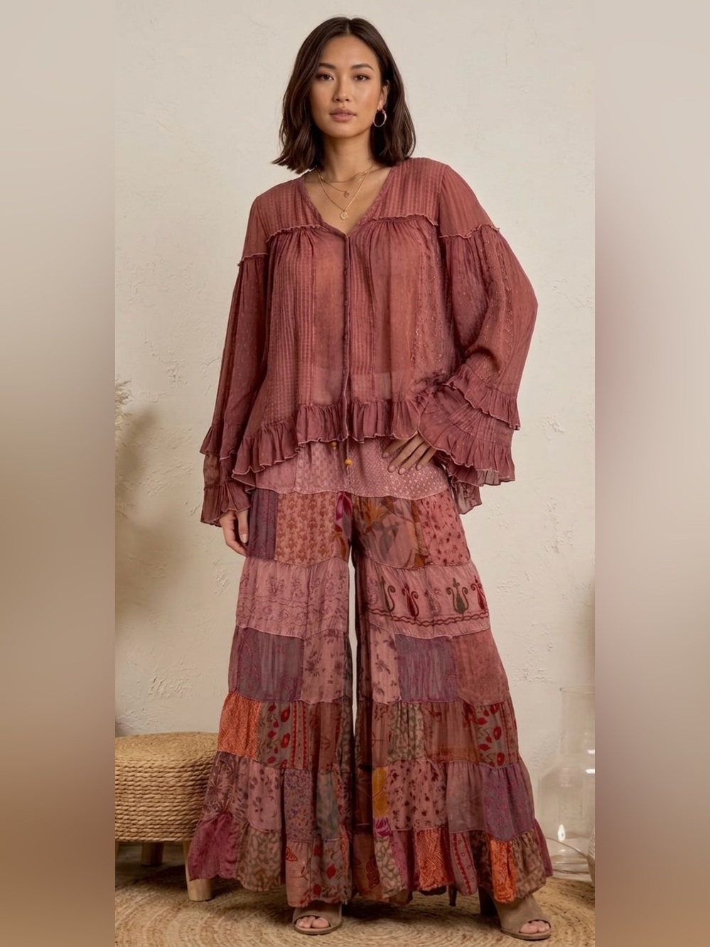 253 NWT TOP ONLY!  Dreamy Sheer V-neck Ruffled Button-front Top - Garnet